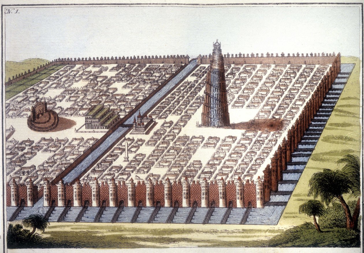Reconstructed view of the ancient city of Babylon, with the enclosure, the hanging gardens and the ziggurat. by Unknown artist