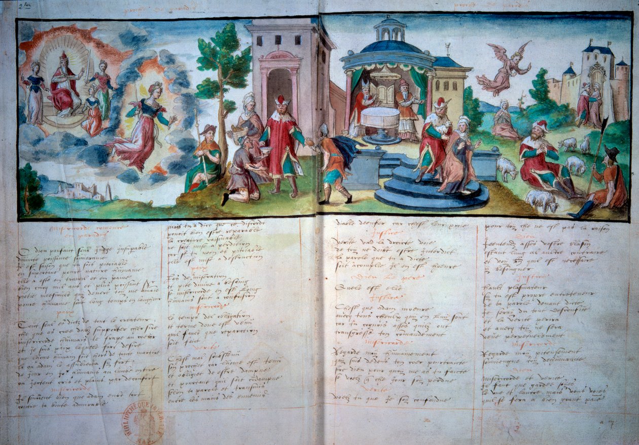 Religious Theatre: Passion and Resurrection played in Valenciennes in 1547. Manuscript page with watercolor by Unknown artist