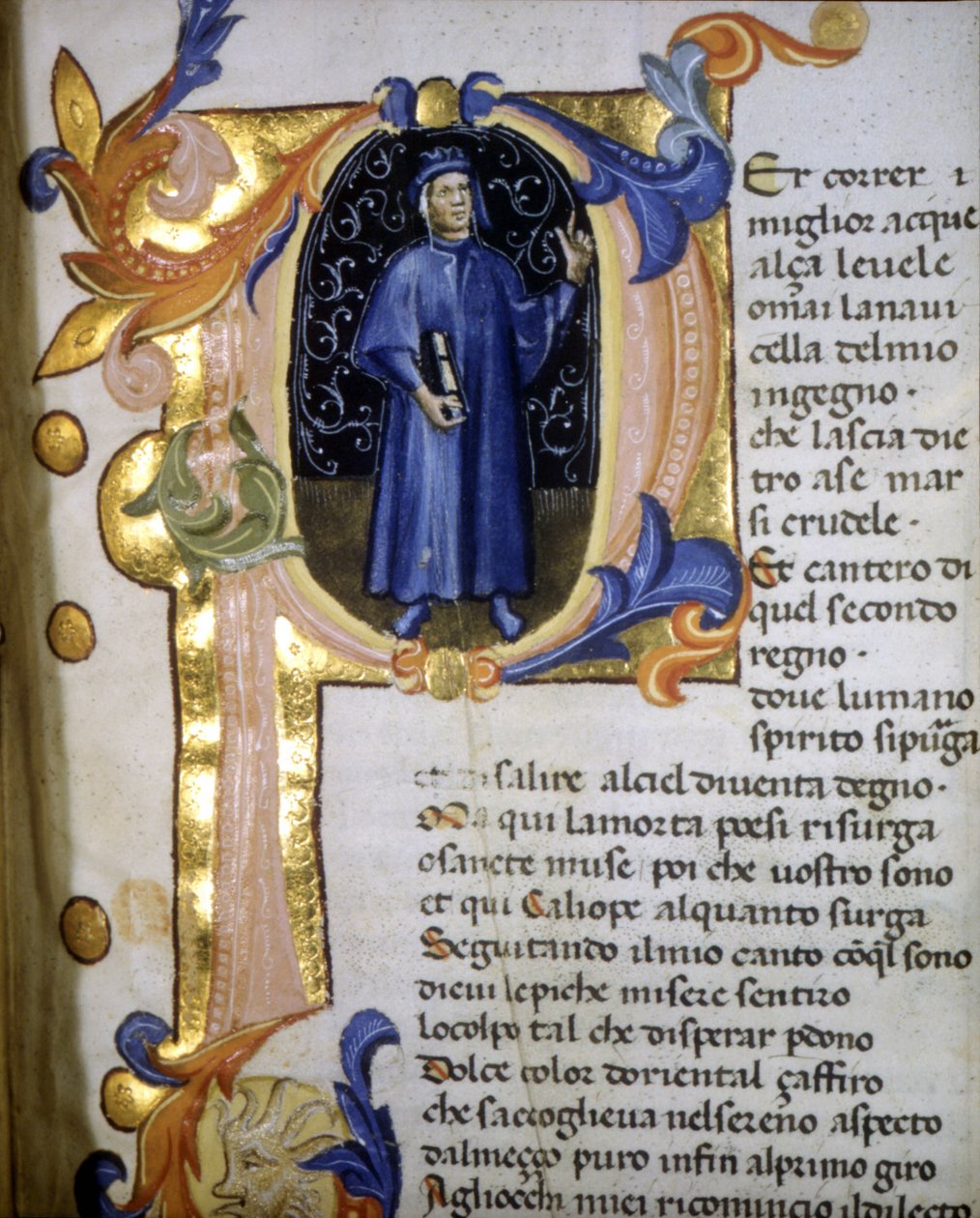 Representation in a lettrine of the poet Dante Alighieri, miniature 14th century by Unknown artist