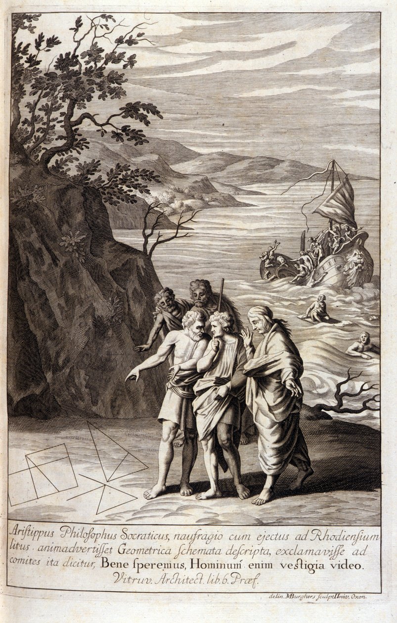 Representation of Aristipus of Cyrene, Greek philosopher disciple of Socrates, after the shipwreck that threw him on the coast of Rhodes, he discovers geometric traces on the sand. Engraving from Book XV of Euclid
