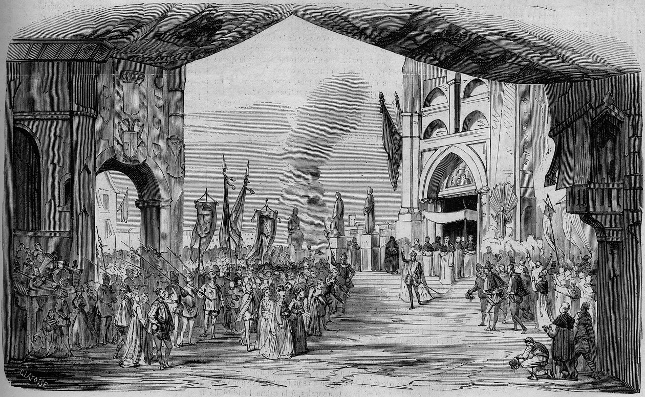 Representation of Don Carlo (Don Carlos) Opera in 5 acts by Giuseppe Verdi at the Paris Opera on 11 March 1867. The car da fe, 3rd act, decor of Cambon and Thierry. Engraving from 1867. by Unknown artist