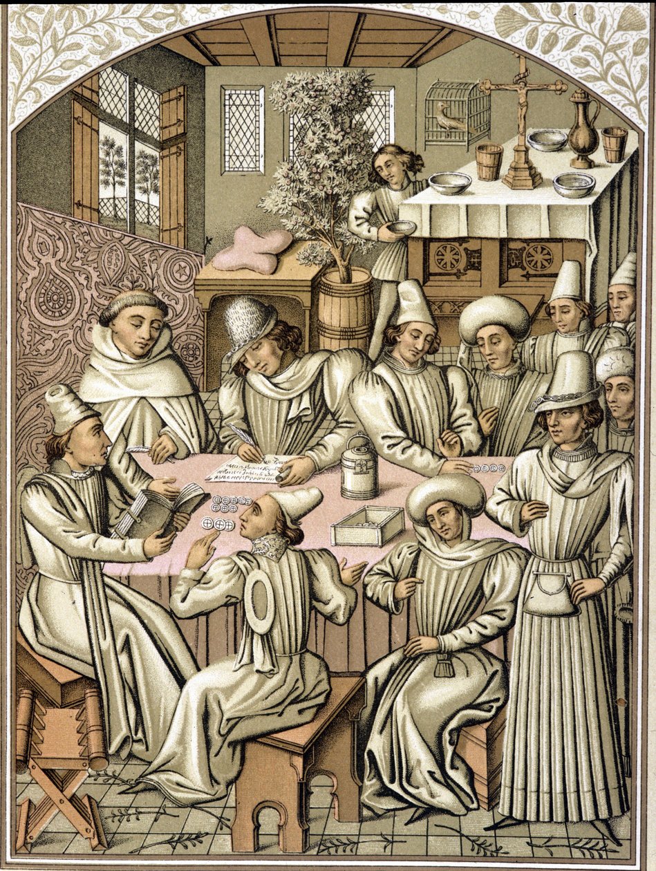 Representation of civil servants in the 14th century. Chromolithograph from the book of accounts of the confraternity 