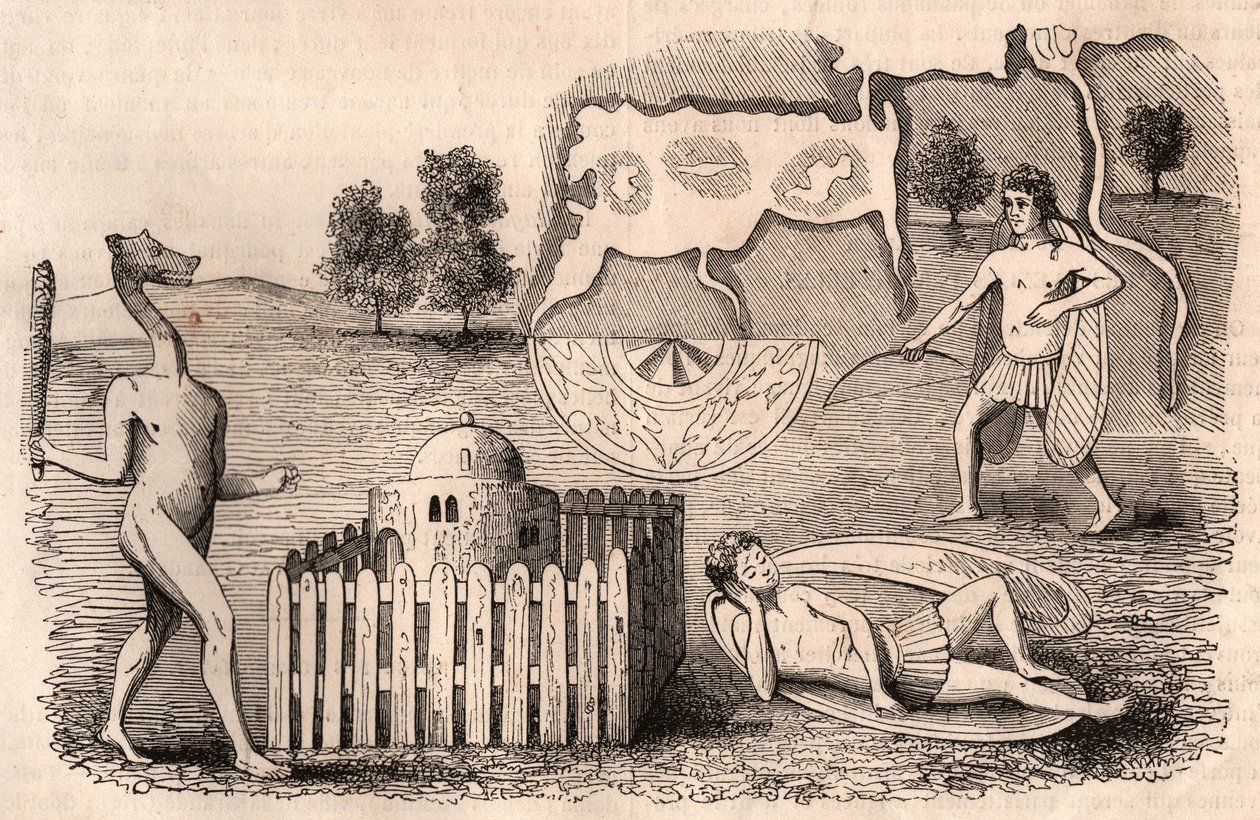 Representation of medieval tribes and animal species: men with long ears, one asleep, and a chimera with a mace by Unknown
