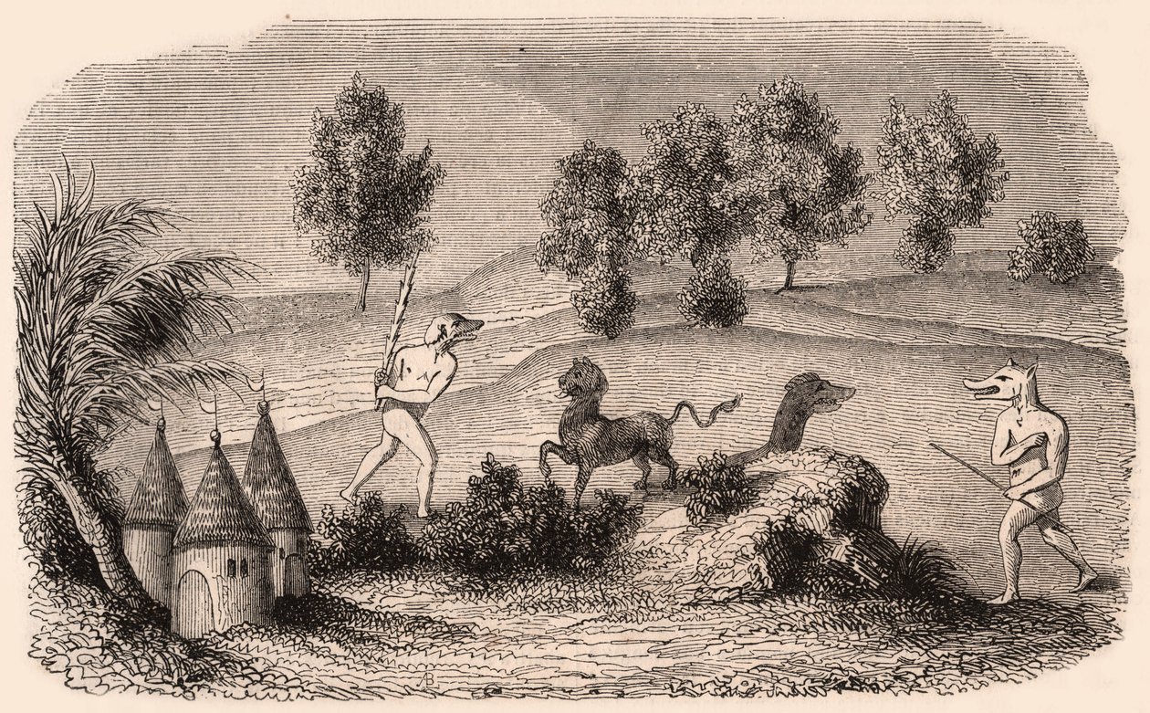Representation of medieval tribes and animal species: two Cynocephalus fighting monsters by Unknown