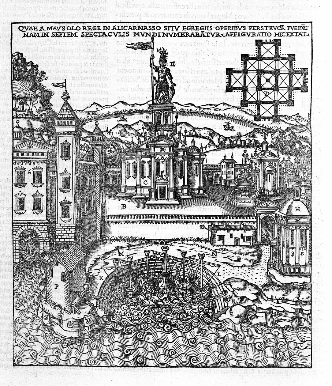 Representation of the Seven Wonders of Antiquity: the Mausoleum of Halicarnassus which was located on the Aegean Sea in southwestern Turkey. Engraving in “De Architectura” by Vitruvius (1st century BC) - edition by Gottardo da Ponte, Como by Unknown artist
