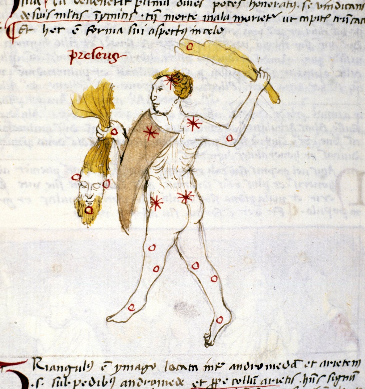 Representation of the constellation of Bouvier (Bootes). The hunter Bootes holds the hair of Berenices in his hand. Miniature from “Astronomica” by Biasino da Parma (Blaise de Parma) (1425-1457) by Unknown artist
