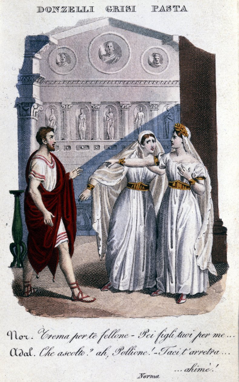 Representation of the interpreters of the first performance of “La Norma” by Vincenzo Bellini (1801 - 1835): from left to right Domenico Donzelli (Pollione), Giuditta Grisi (Adalgisa) and Giuditta Pasta (Norma). 1833 by Unknown artist