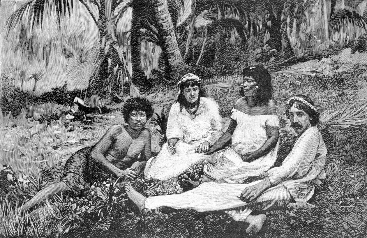 Robert Louis Stevenson (1850 - 1894) with his wife in Samoa where he had his residence published in Vailima. Engraving around 1890-1895. by Unknown artist