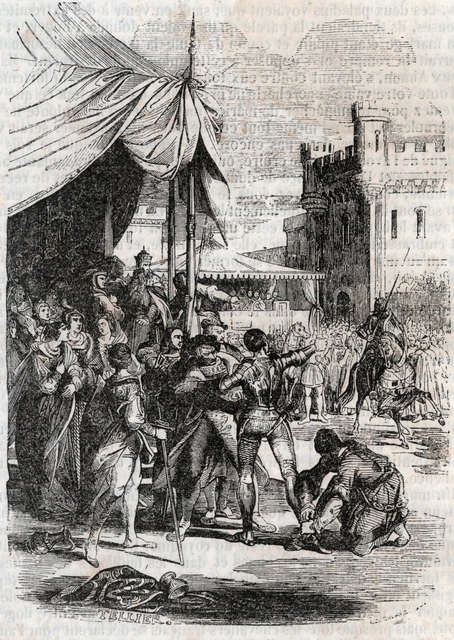 Roger (Ruggero, Ruggiero) defies in battle by Rodomont (Rodomonte) - engraving of 1851 from Furious Roland (Orlando furioso) (16th century) by Ludovico Ariosto, known as the Ariosta - Edition translated from Italian by the Count of Tressan and published by Unknown artist