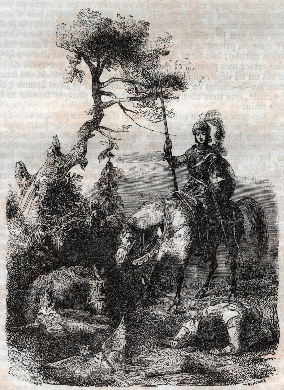 Roger (Ruggero, Ruggiero) makes use of the enchanting shield - engraving of 1851 from Furious Roland (Orlando furioso) (16th century) by Ludovico Ariosto, known as the Ariosta - Edition translated from Italian by the Count of Tressan and published by by Unknown artist