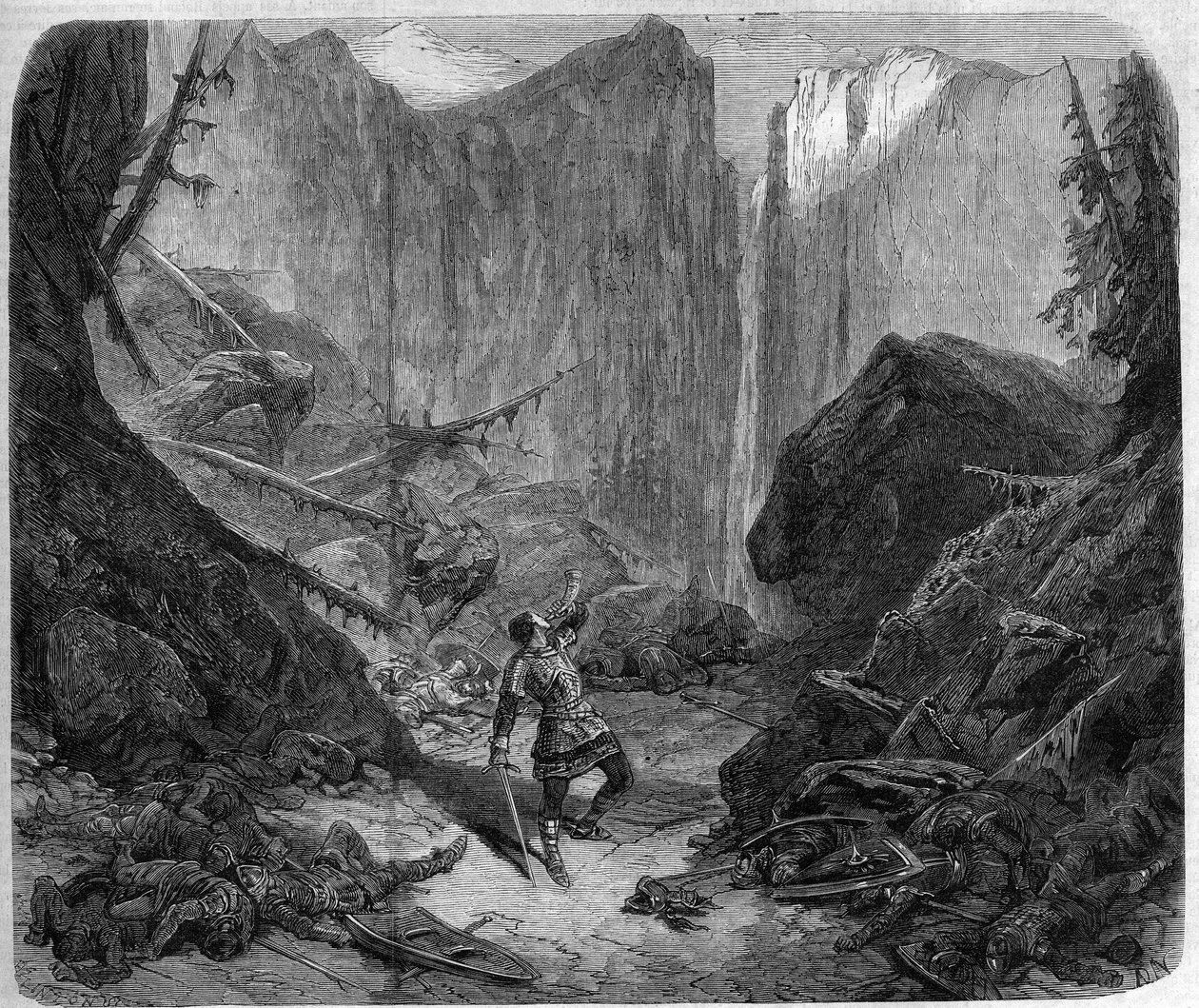 Roland blowing in his horn at the Battle of Roncesvaux on 15 August 778. Drawing by Alphonse de Neuville for the opera 