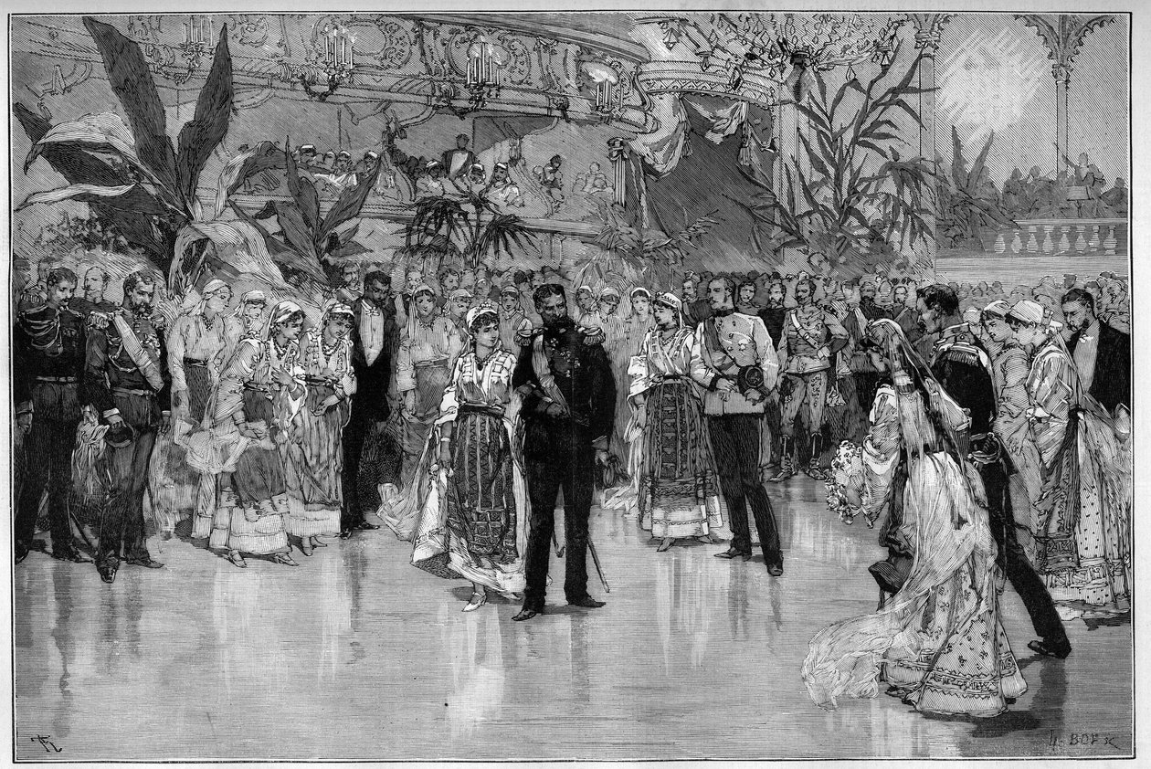 Ball given in honor of Prince Rodolph and Princess Stephanie of Austria Hungary at the National Theatre in Bucharest. Engraving in 