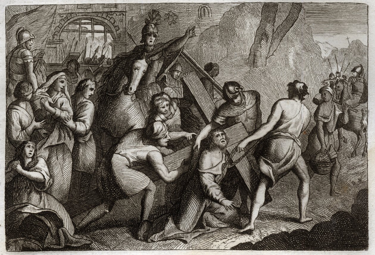 Royaumont Bible, New Testament: Carrying the Cross. Jesus Christ carries his cross to Mount Calvary with the help of Simon of Cyrene. Illustration from 1811 by Unknown artist