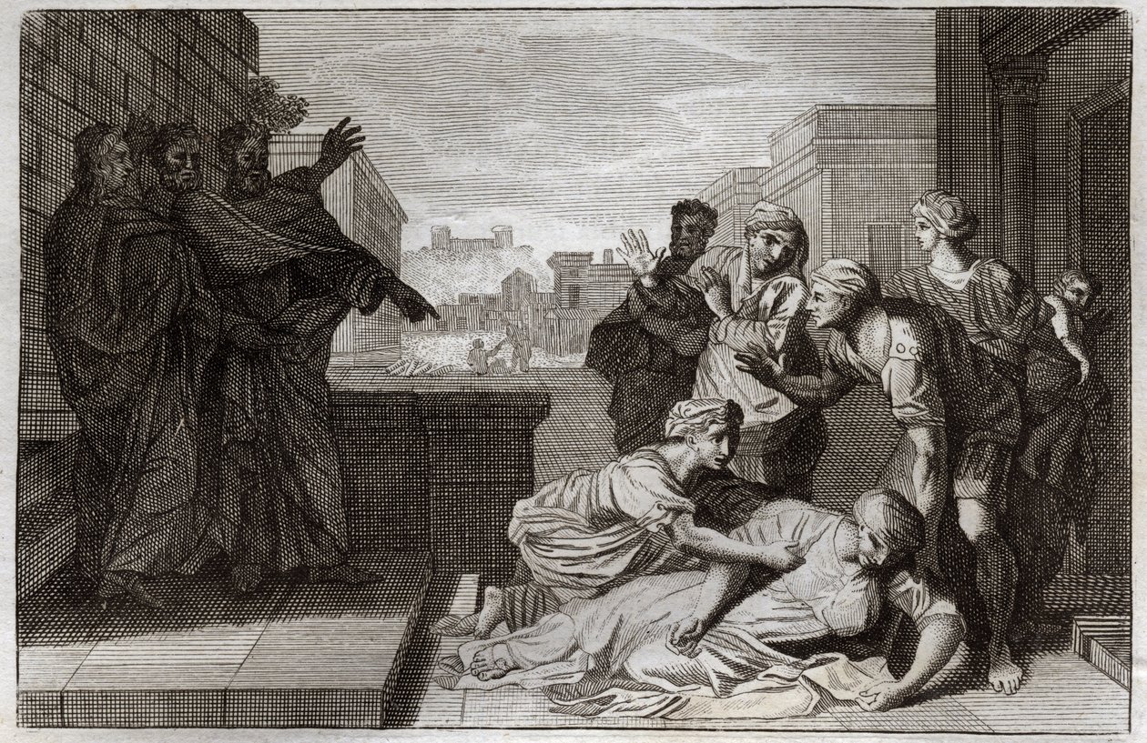 Royaumont Bible, New Testament: Death of Anania and his wife Saphire before St. Peter and St. John. Illustration from 1811 by Unknown artist