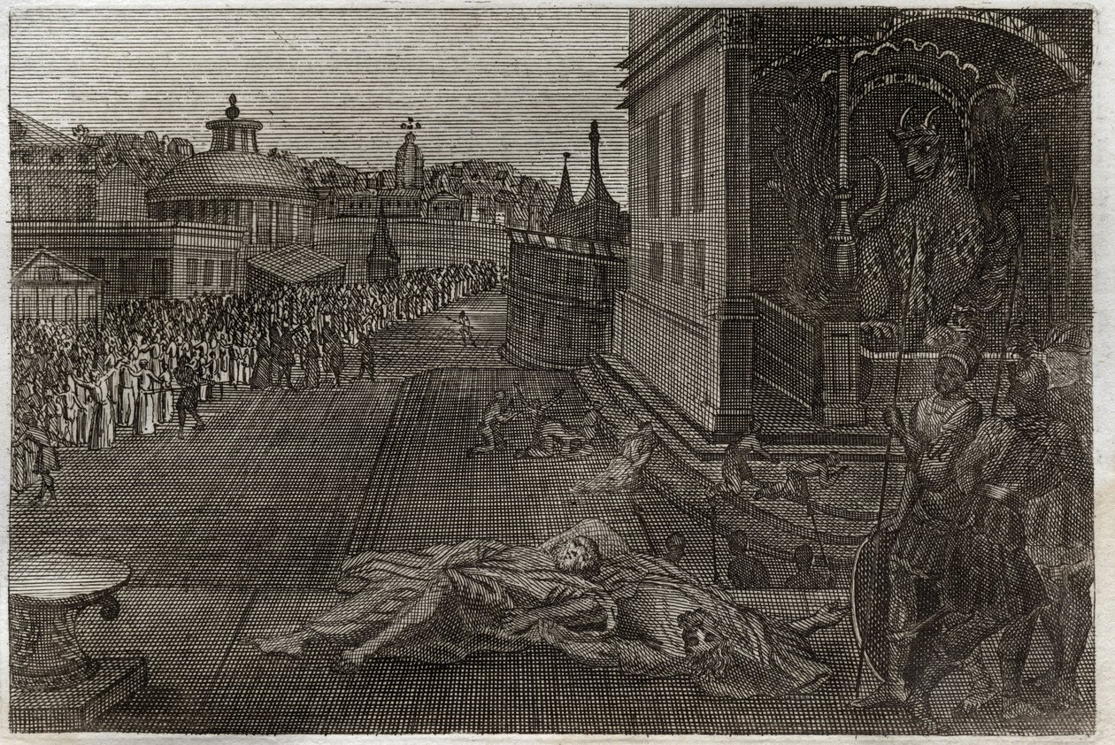 Royaumont Bible, New Testament: Death of the two Prophets. The vision Saint John had of two dead Prophets, who then resurrected. Seventh trumpet of Revelation. Illustration from 1811. by Unknown artist