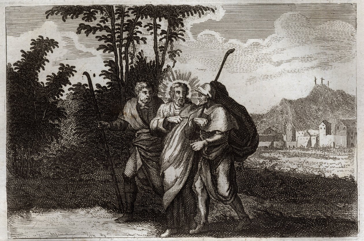 Royaumont Bible, New Testament: Disciples of Emmaus. The two disciples of Emmaus meet the risen Christ. Illustration from 1811. by Unknown artist