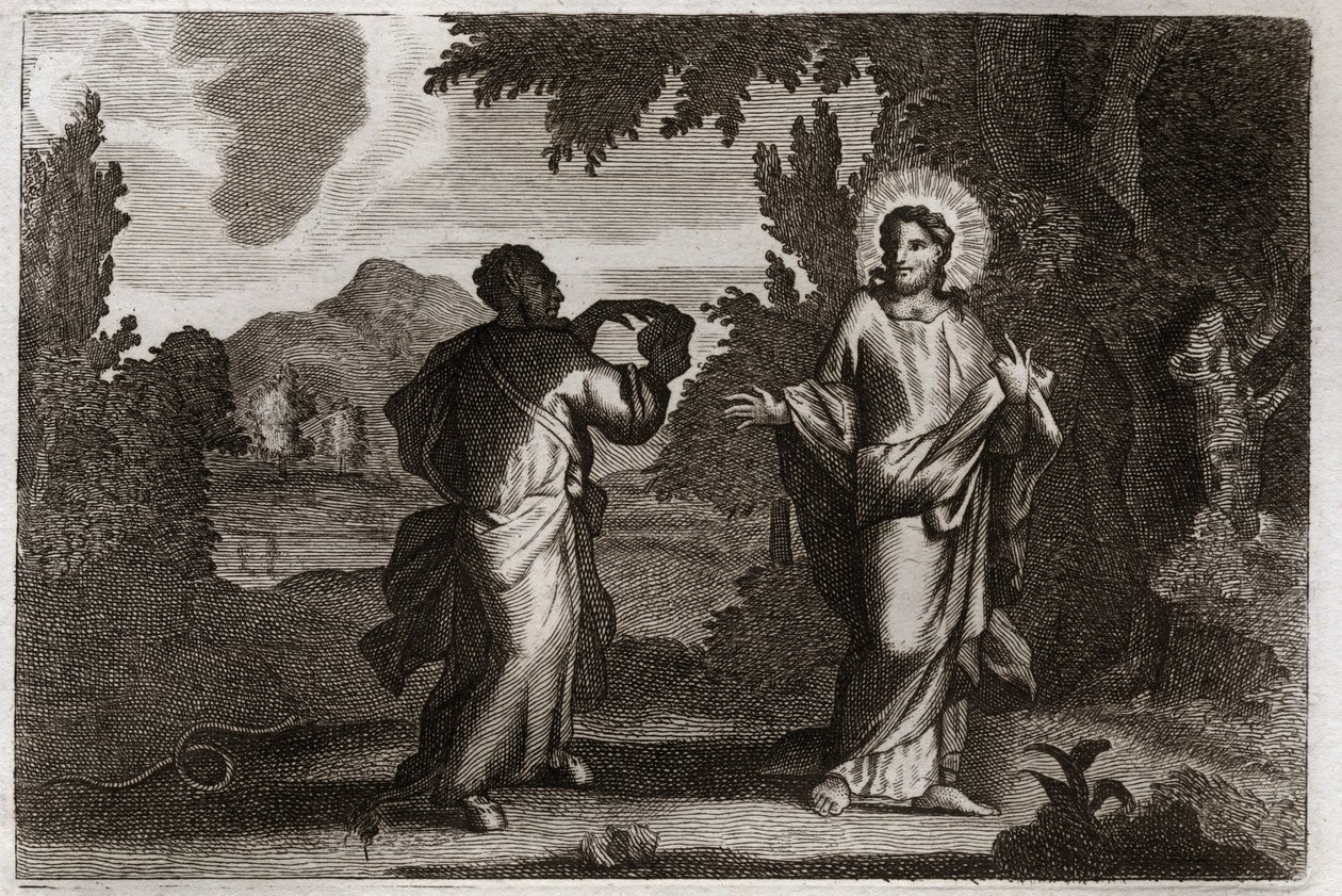 Royaumont Bible, New Testament: Jesus Christ in the desert. Jesus is driven into the desert. He fasts forty days and forty nights. He is tempted by the demon who invites him to turn stones into bread. Illustration from 1811. by Unknown artist