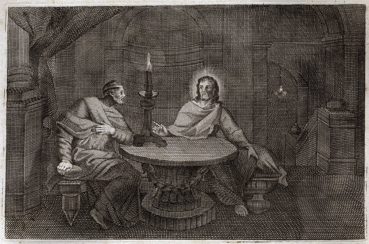 Royaumont Bible, New Testament: Nicodemus comes to find Jesus Christ at night. Illustration from 1811. by Unknown artist