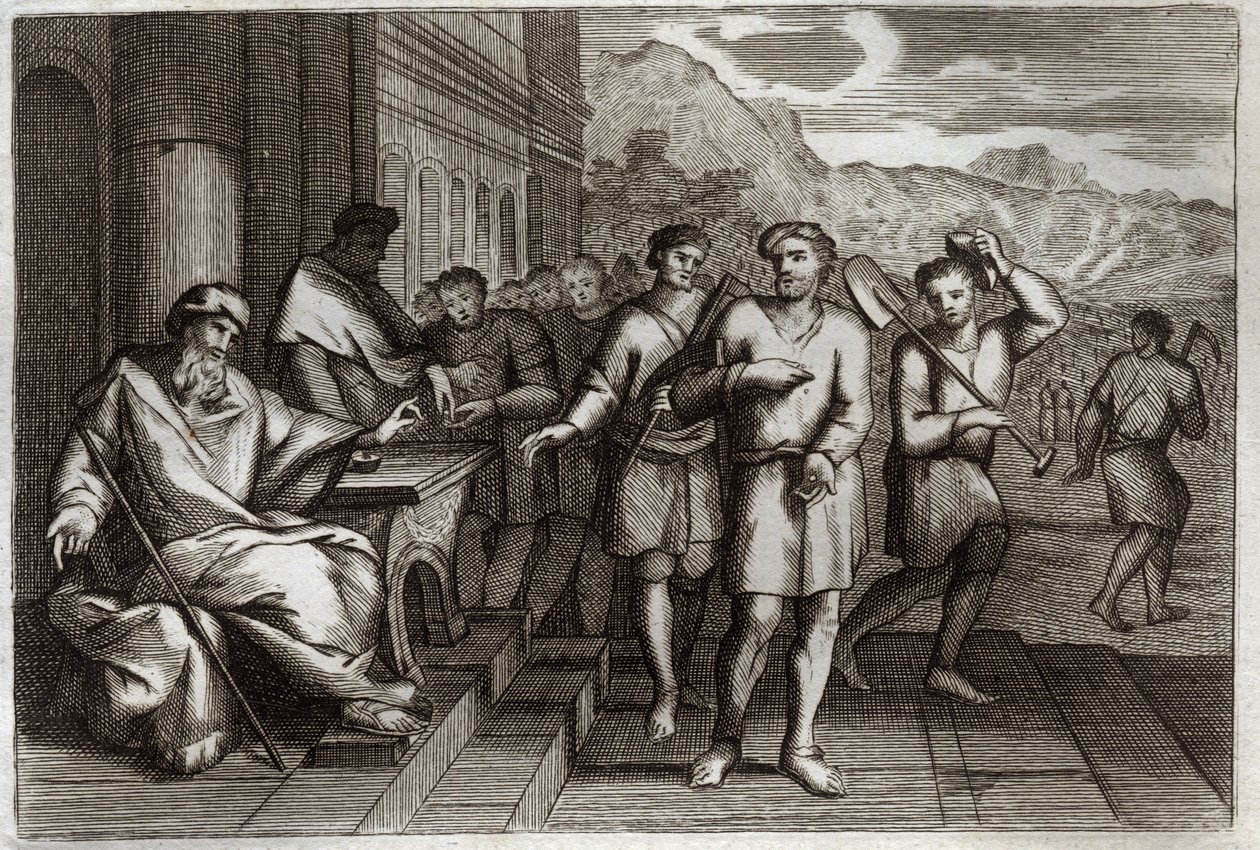 Royaumont Bible, New Testament: Parable of vine workers or parable of workers of the eleventh hour. Workers that the Father of the family sends to work in his vineyard. Illustration from 1811. by Unknown artist