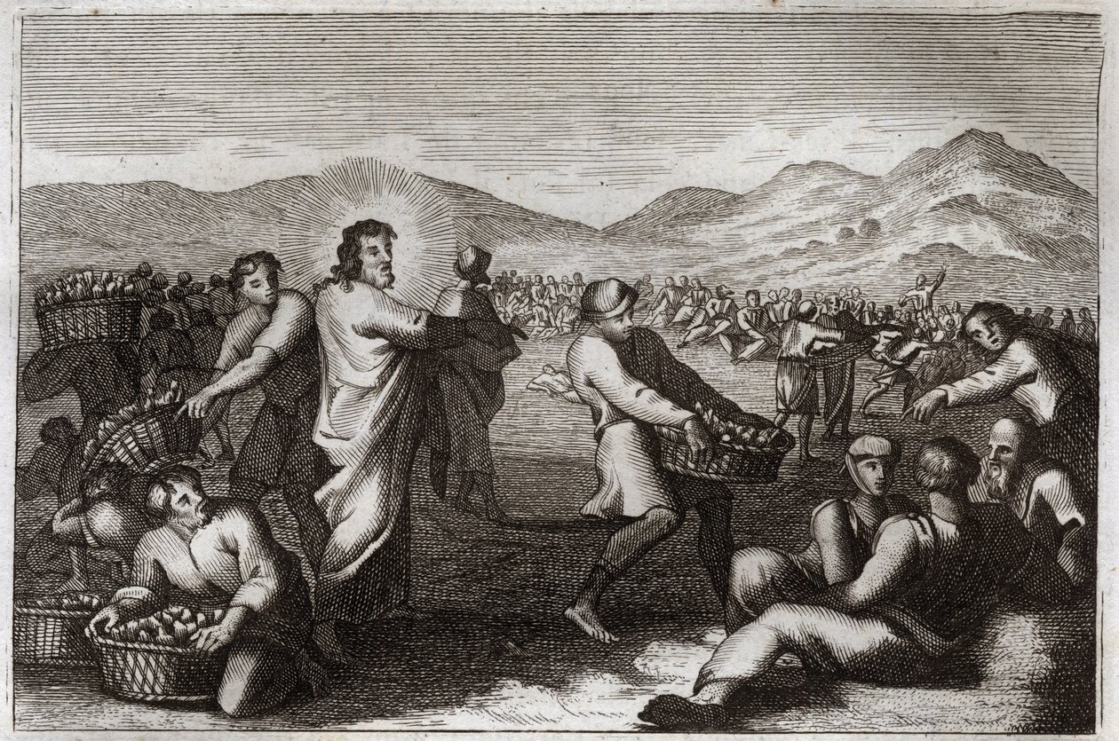 Royaumont Bible, New Testament: Propagation of loaves. Jesus Christ multiplies five loaves, and feeds five thousand men. Illustration from 1811. by Unknown artist