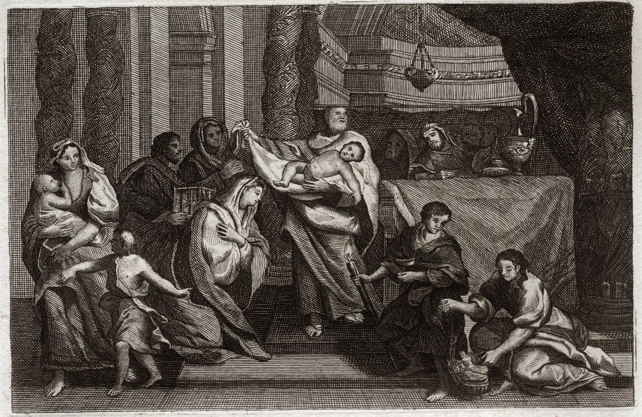 Royaumont Bible, New Testament: Purification of the Virgin or presentation in the Temple. The Holy Family offers Jesus Christ to the Temple and gives him to Simeon. A woman holds two doves in a basket. Illustration from 1811. by Unknown artist