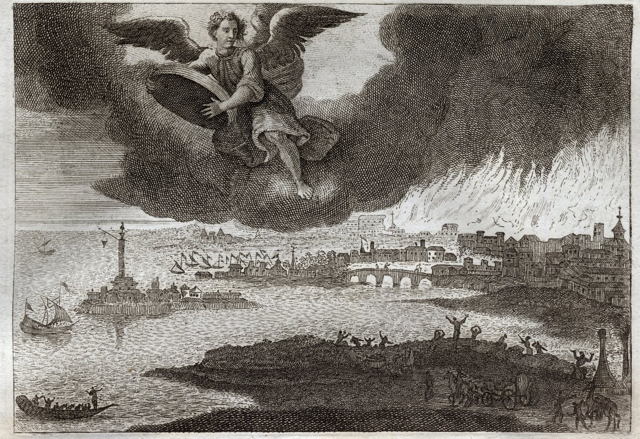 Royaumont Bible, New Testament: Ruin of Babylon. Babylon on Fire, an Angel Throws a Stone at the Sea, Symbolizing the Destruction of This City During the Revelation. Illustration from 1811 by Unknown artist
