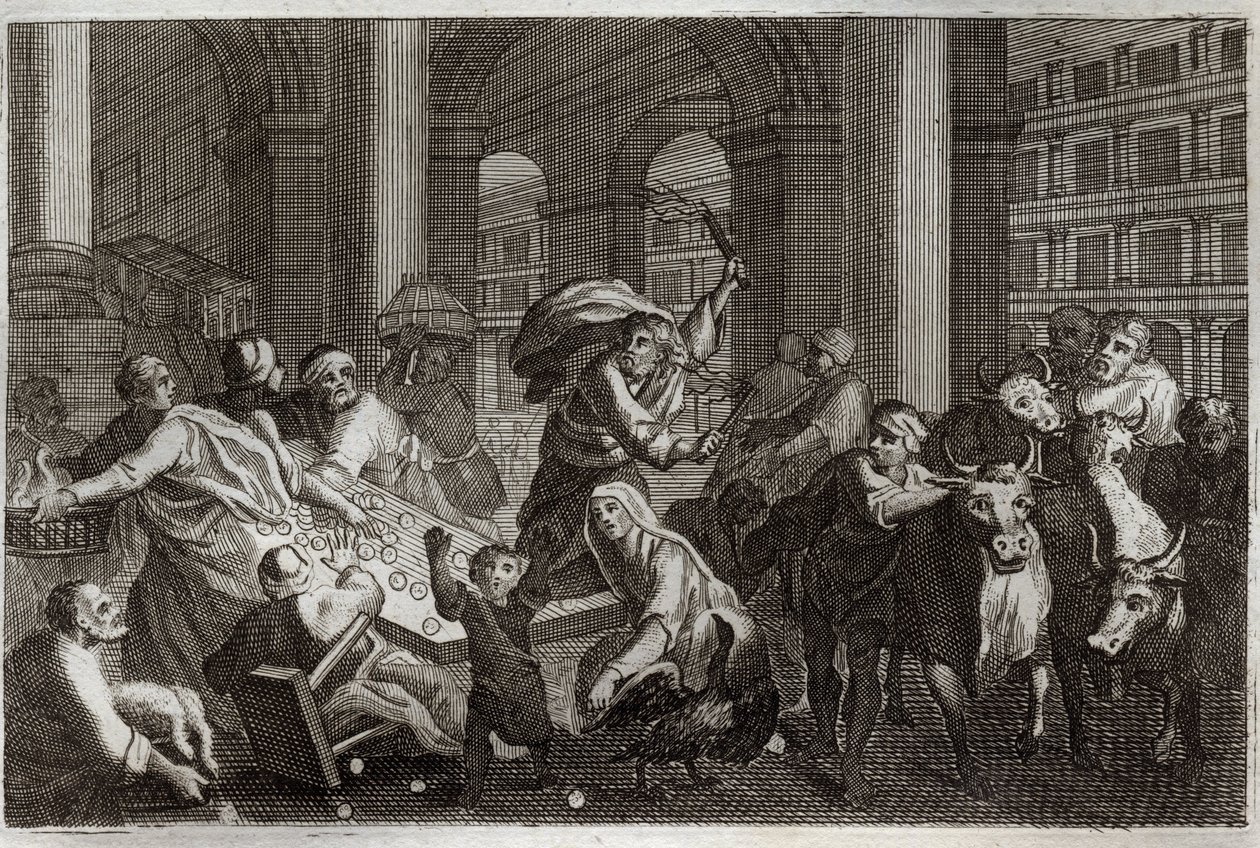 Royaumont Bible, New Testament: Sellers Hunt from the Temple. Jesus Christ drives away from the Temple those who profaned him by the traffic they were doing there. Illustration from 1811 by Unknown artist
