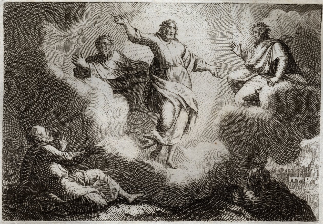 Royaumont Bible, New Testament: The Transfiguration of Jesus Christ. Christ surrounds Moses and Elijah with below the apostle Saint John, Peter and James. Illustration from 1811. by Unknown artist