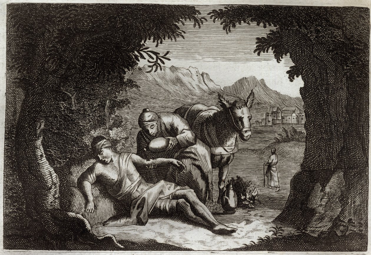Royaumont Bible, New Testament: The parable of the Good Samaritan. The Samaritan stopped on his way to rescue the man in distress. Illustration from 1811. by Unknown artist