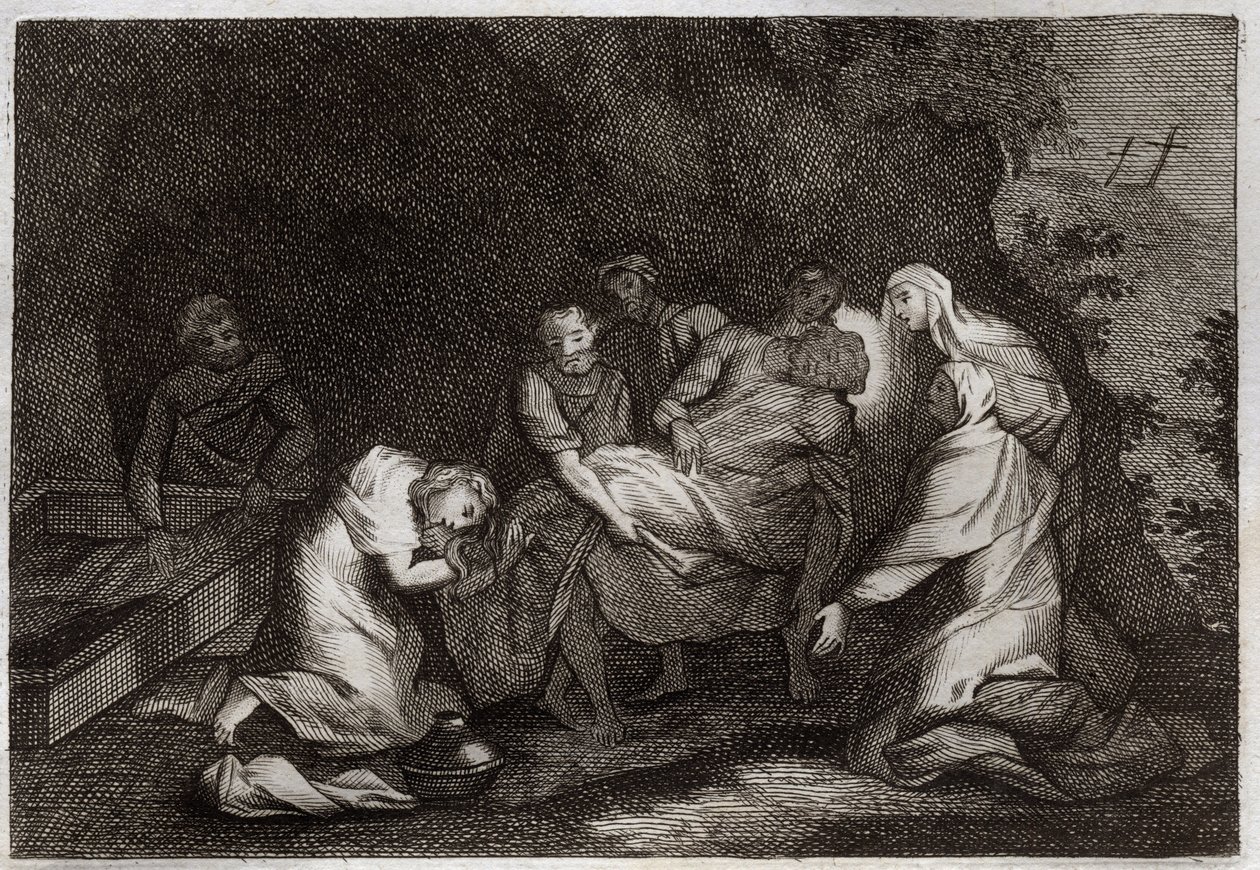 Royaumont Bible, New Testament: Tomb. Sepulchre of Jesus Christ. Among the characters surrounding the body of Jesus Christ: the Virgin Mary, Saint Nicodemus, Saint Joseph of Arimathea, Saint John the Evangelist, and Saint Mary Magdalene. Illustration from  by Unknown artist