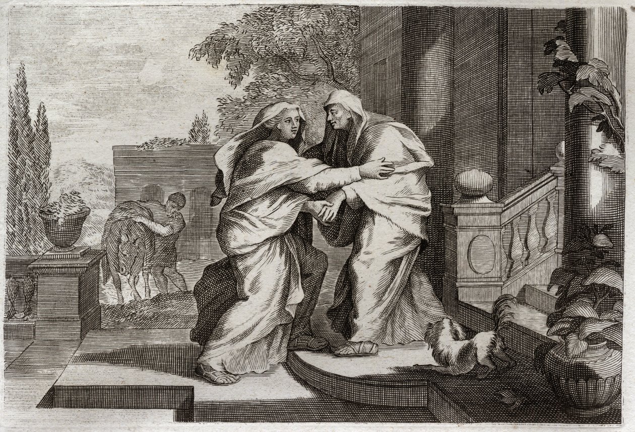 Royaumont Bible, New Testament: Visitation. The Blessed Virgin Mary visits her cousin Elisabeth. Illustration from 1811 by Unknown artist