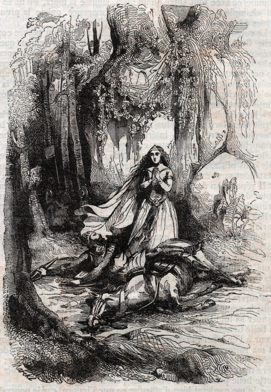 Sacripant unhorsed in the presence of Angelica - engraving of 1851 from 