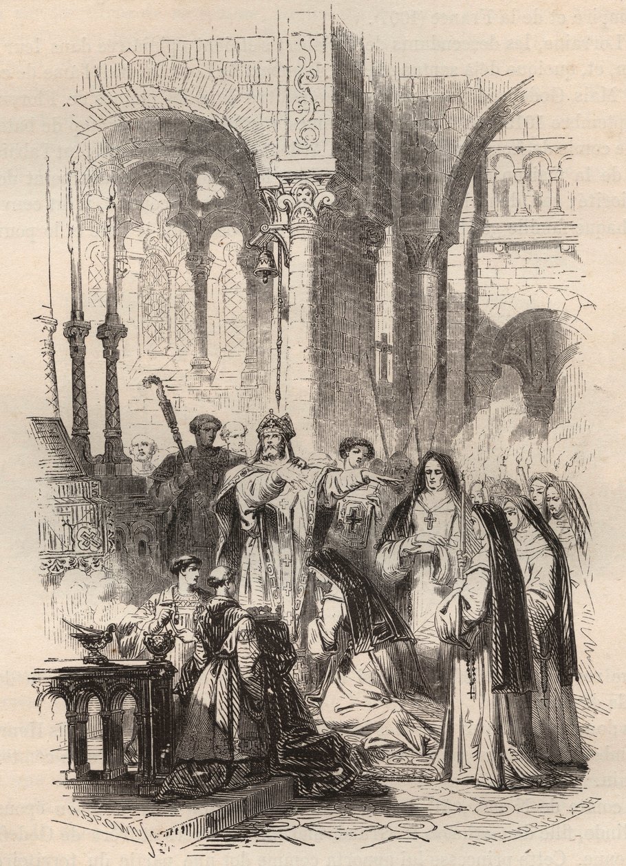 Sailing of Saint Cunegonde of Luxembourg in 1024, handed over by the bishop of Paderborn Meinwerk in the Benedictine Abbey of Kaufungen in Germany. Engraving from 1868 in 