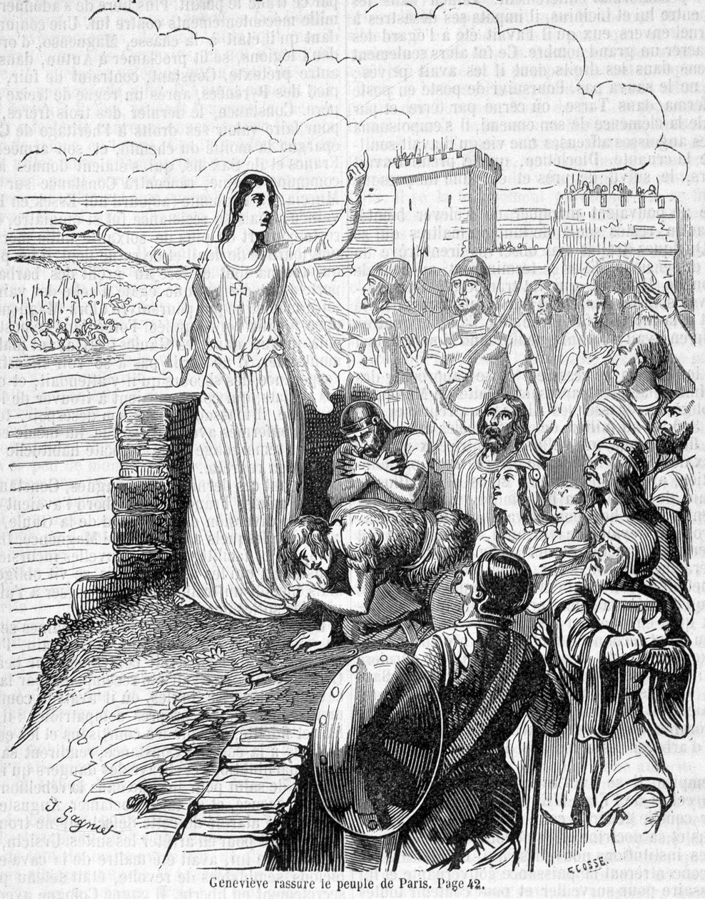 Sainte Geneviève, organises the defense of Paris against the hordes of Attila and reassures the people of Paris - in Histoire de France by Anquetil by Unknown artist