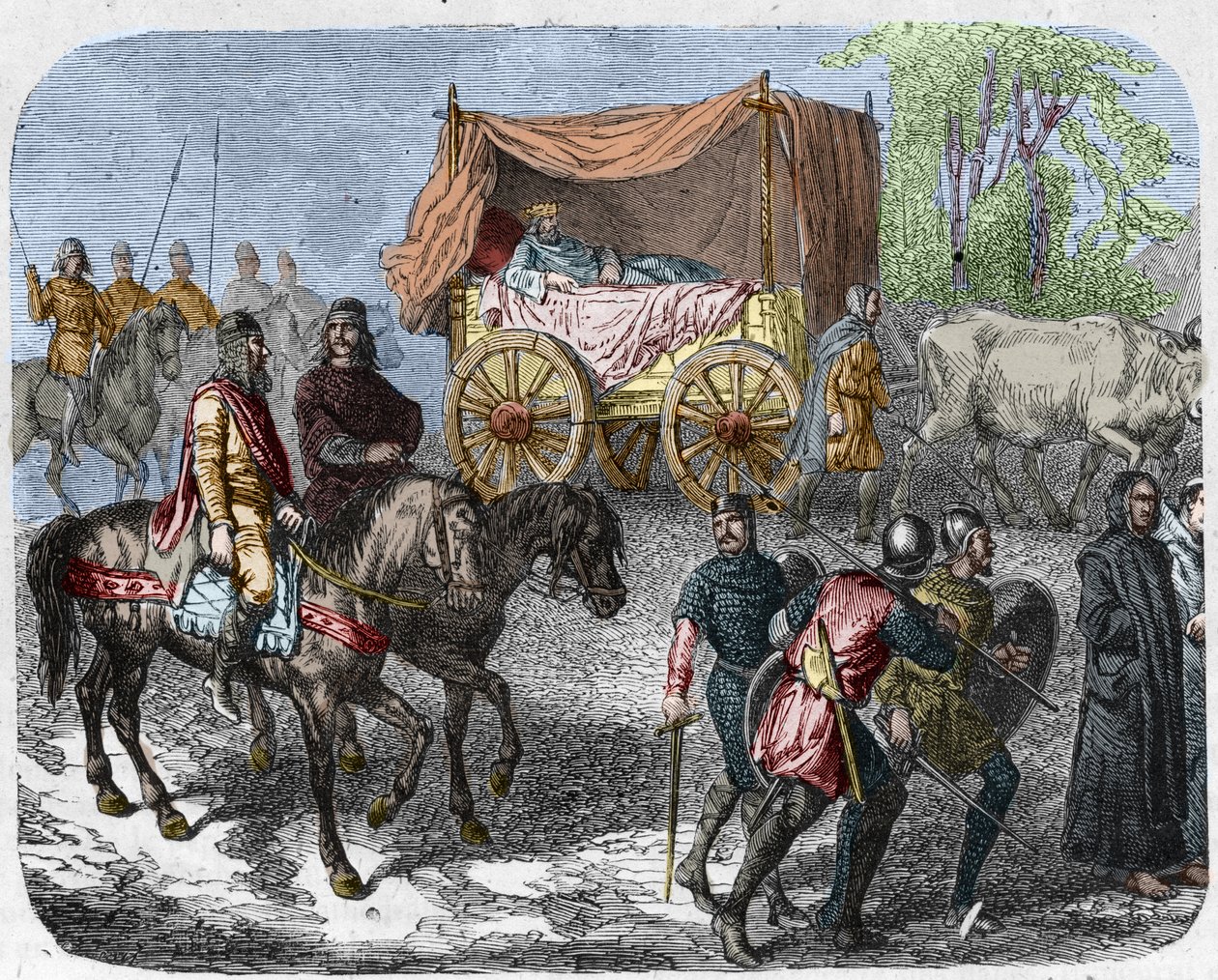 Scene depicting the lazy kings: King of France Thierry III carries in a tank with a bed pulled by oxen. by Unknown artist