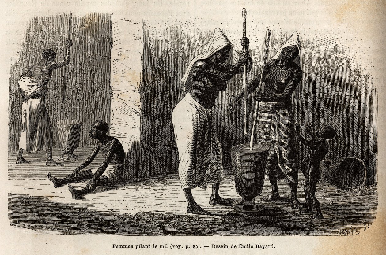 Scene of Daily Life: Women Pounding Millet, in Sekou (Niger), Surrounded by Children. Engraving to Illustrate the Voyage to Western Sudan of Lieutenant (Navy) M.Mage, in 1863-1866, Published in Le tour du monde, nouveau journal des voyages, under the dir by Unknown artist