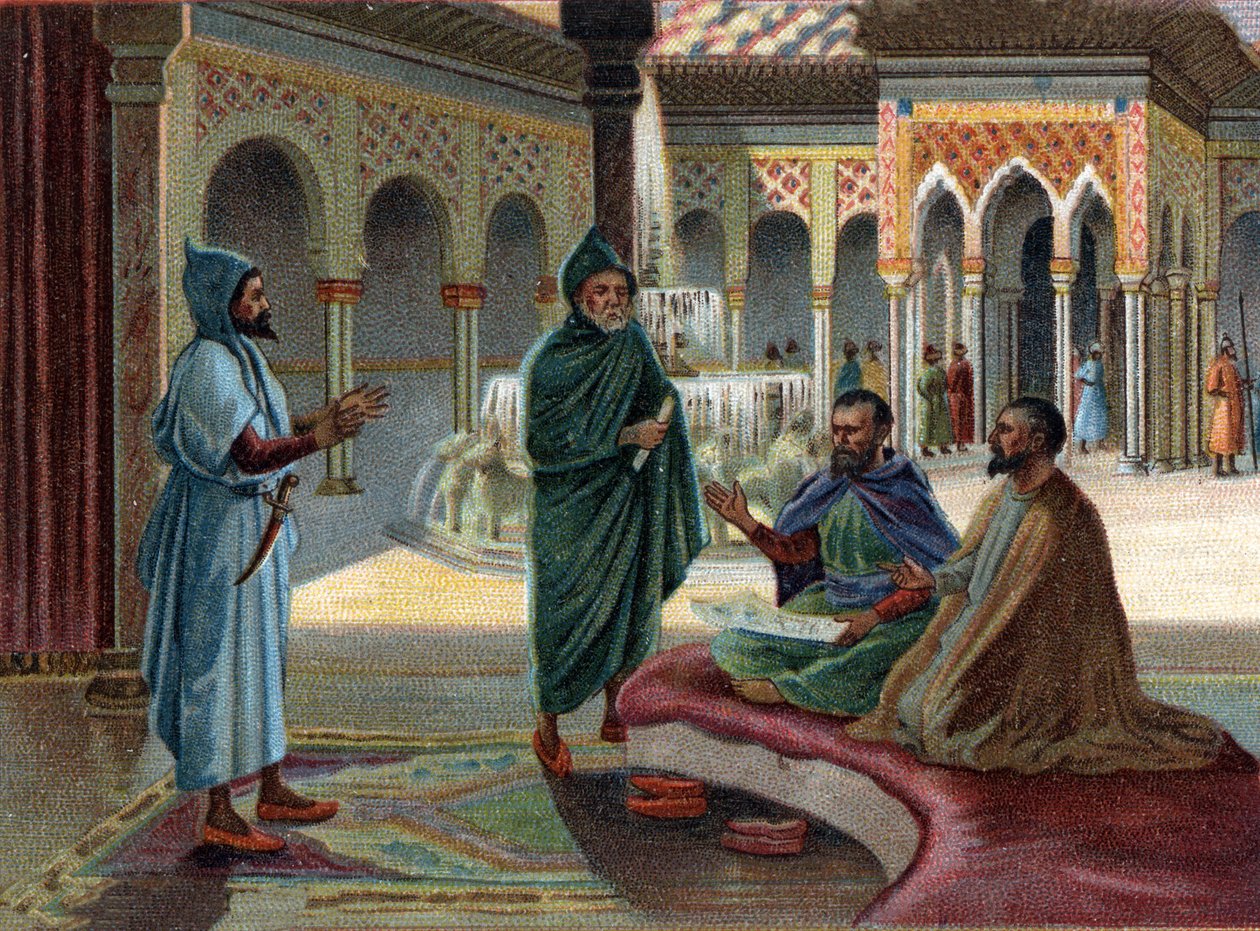 Scenes of Disappeared Kingdoms: Moorish Council (Moorish, name given to Arabs who occupied part of Spain) in the Alhambra Palace in Granada. Granada is the last Moorish state, finished in 1482. Chromolithography of the 19th century by Unknown artist