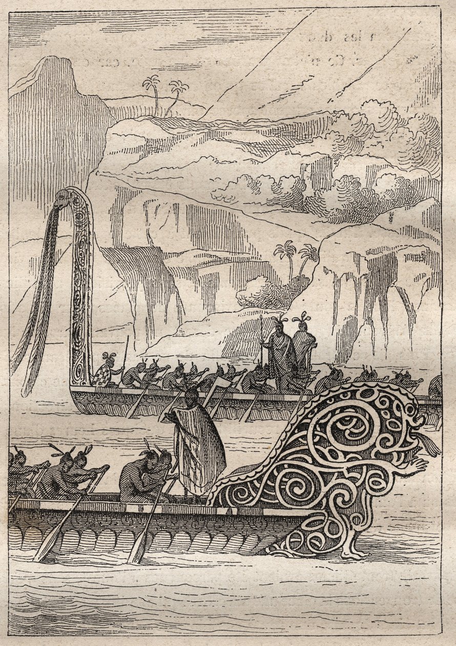 Second voyage (1772-1775) by Captain James Cook (1728-1779): Neo-Zelandans war canoes (Neo Zelandaises) - illustration taken from 