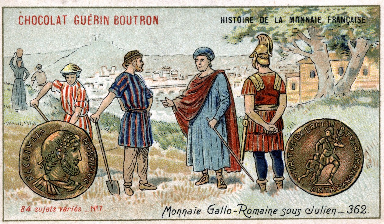 Series Histoire de la Monnaie Française published by Chocolat Guérin Boutron. Chromolithography 19th century. Gallo Roman coins under Julien by Unknown artist