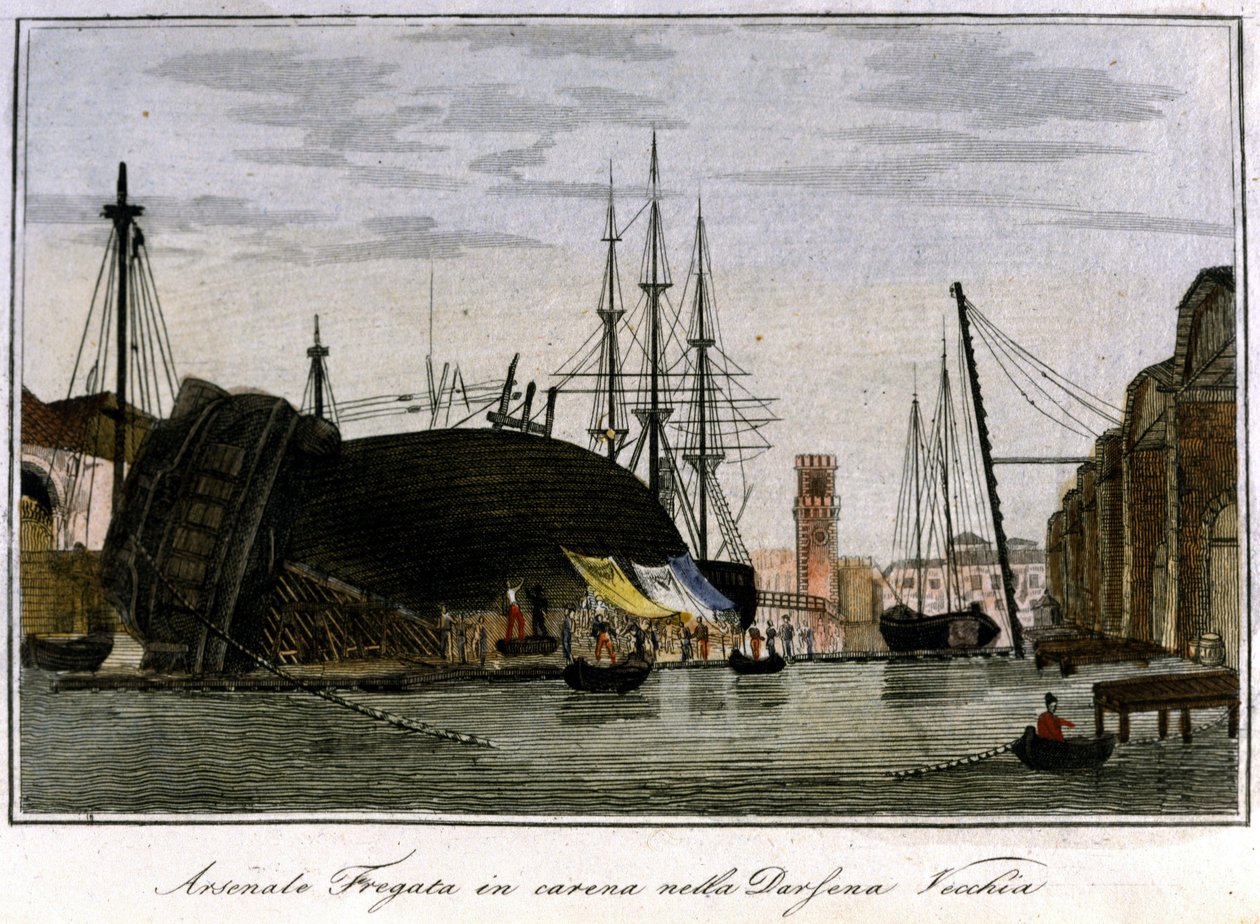 Ship shot down in the hull. Venetian fregate whose hull is being repaired in the arsenal. Engraving of the 19th century. by Unknown artist