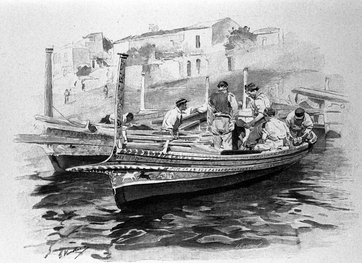 Sicilian fishermen from Lipari region. 19th century engraving by Unknown artist