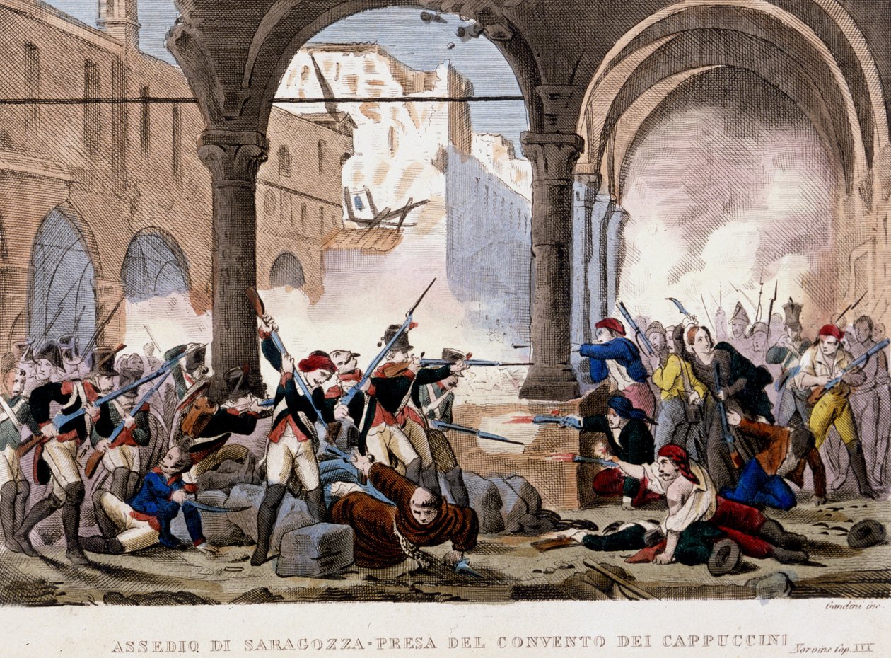 Siege of Zaragoza and the Capuchin Convent in 1808 (Colour Engraving of the Period, Milan) by Unknown artist