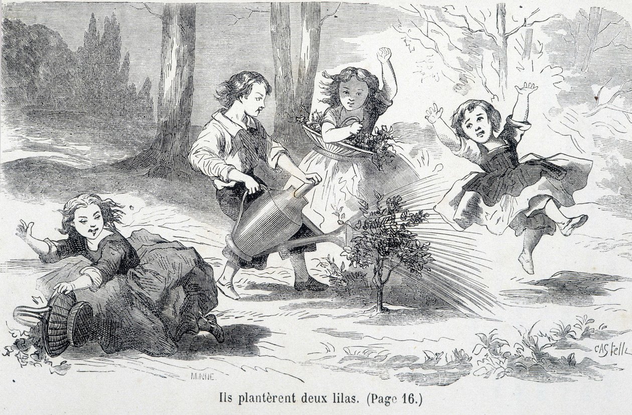 Sophie and her friends plant lilac - in The misfortunes of Sophie by the Countess of Ségur, Hachette by Unknown artist