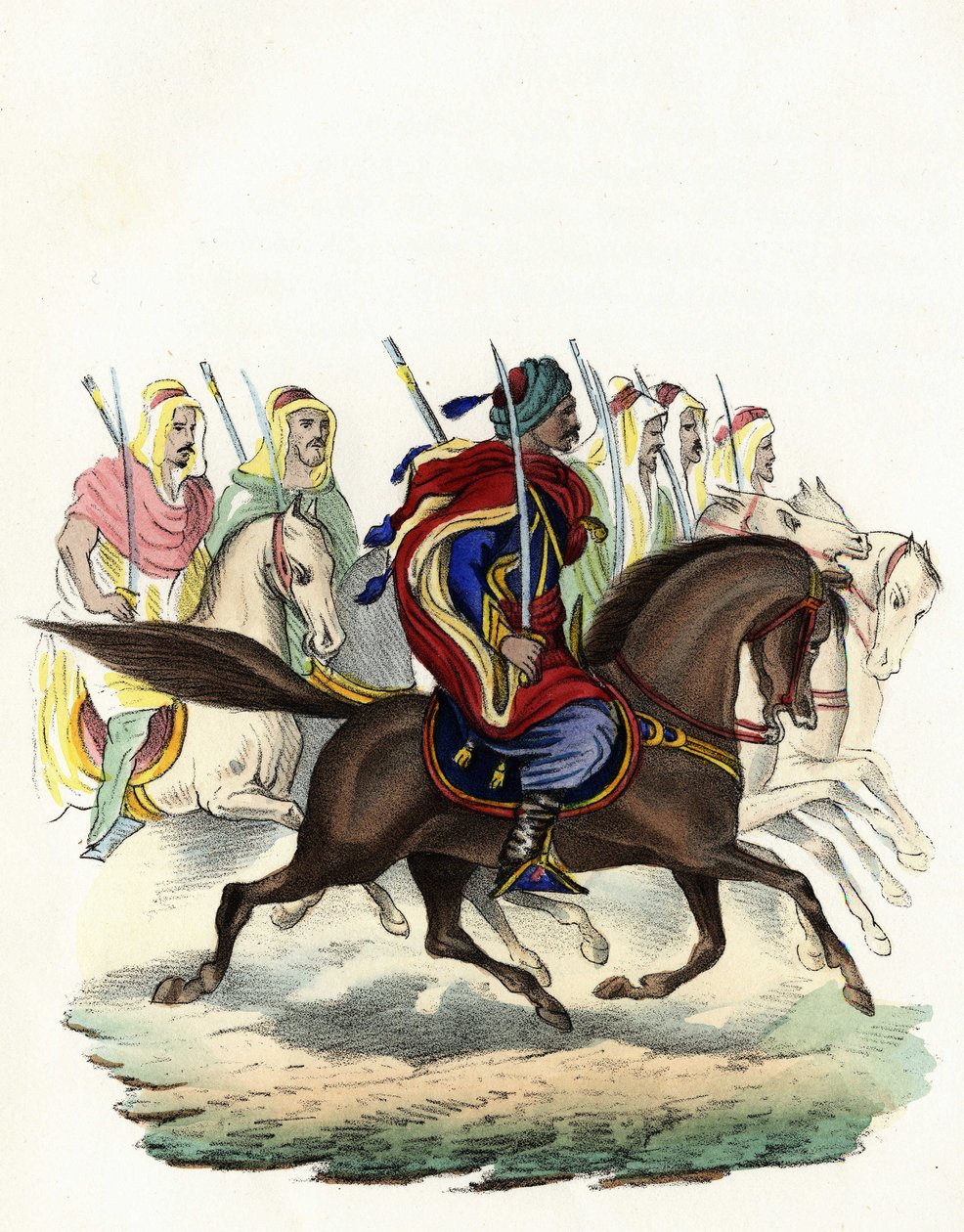 Spahis, an indigenous cavalry corps of the French army of Africa, composed mainly of Arab horsemen, formed for the provinces of Algiers in 1834, Bone in 1835 and Oran in 1836. In “Storia d