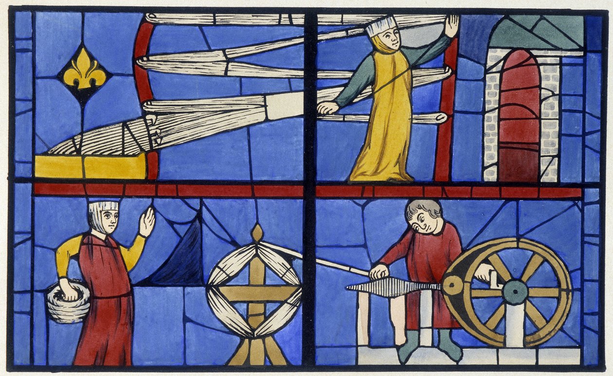 Spinning workshop. Fac simile of a stained glass window from the Cathedral of Amiens - in 
