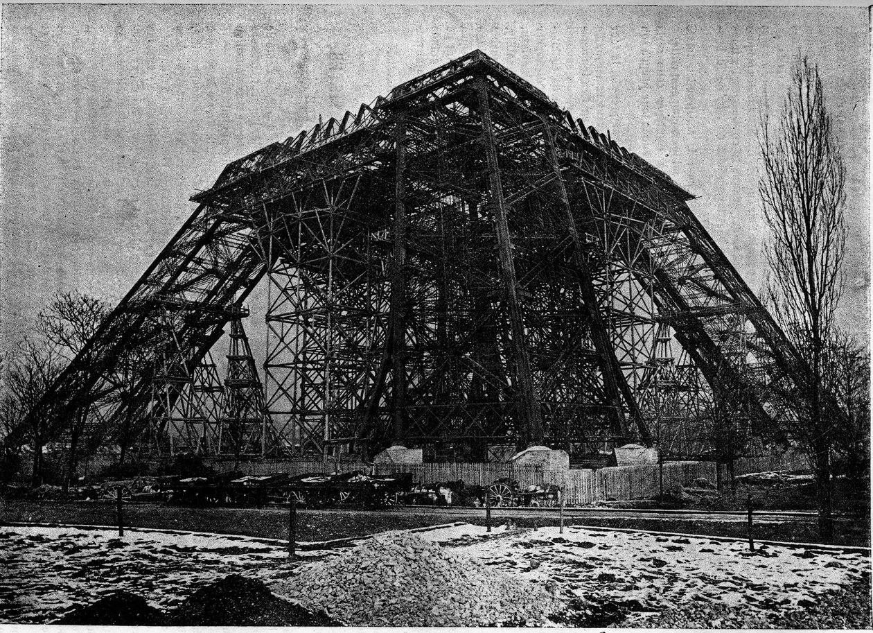 State of the construction of the Eiffel Tower in Paris at the beginning of March 1888. Engraving in the journal 