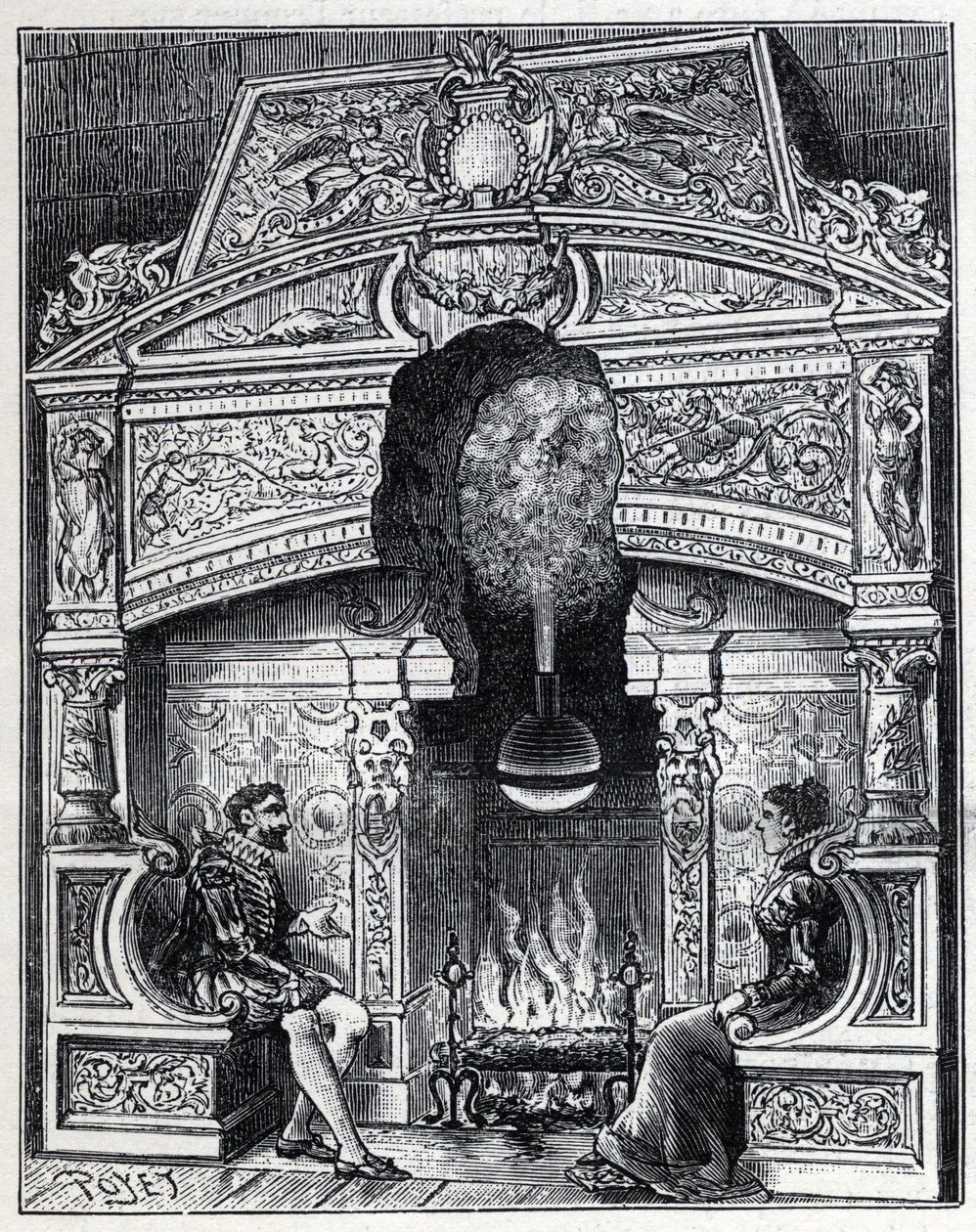 Steam and solar heat: Eolipyl fireplace, steam and reaction machine system originally designed by Heron of Alexandria. Engraving in 