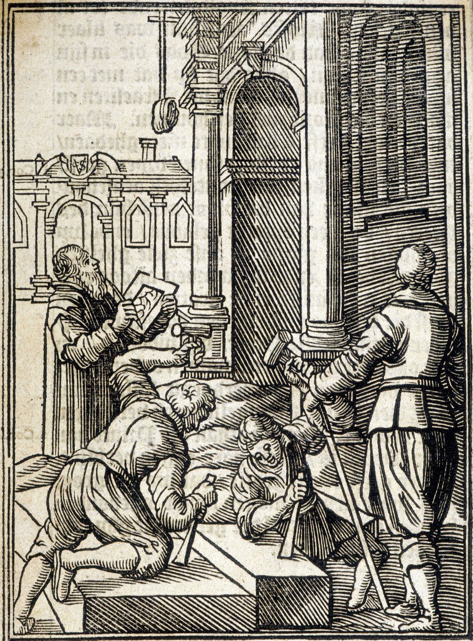 Stone cutters working on the construction of a cathedral - engraving by Unknown artist