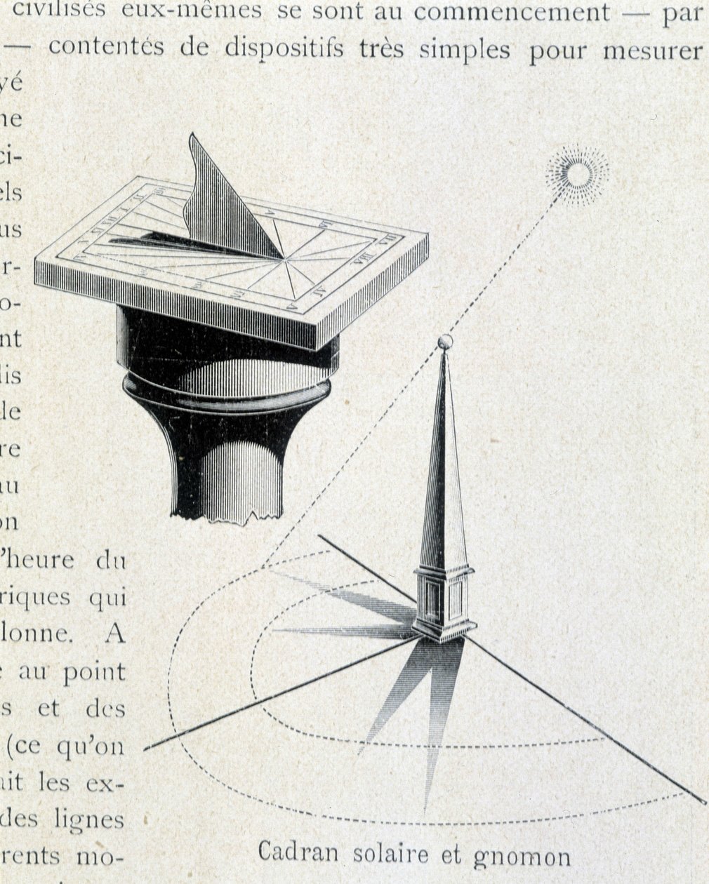 Sundial and gnomon (17th century) - engraving in 