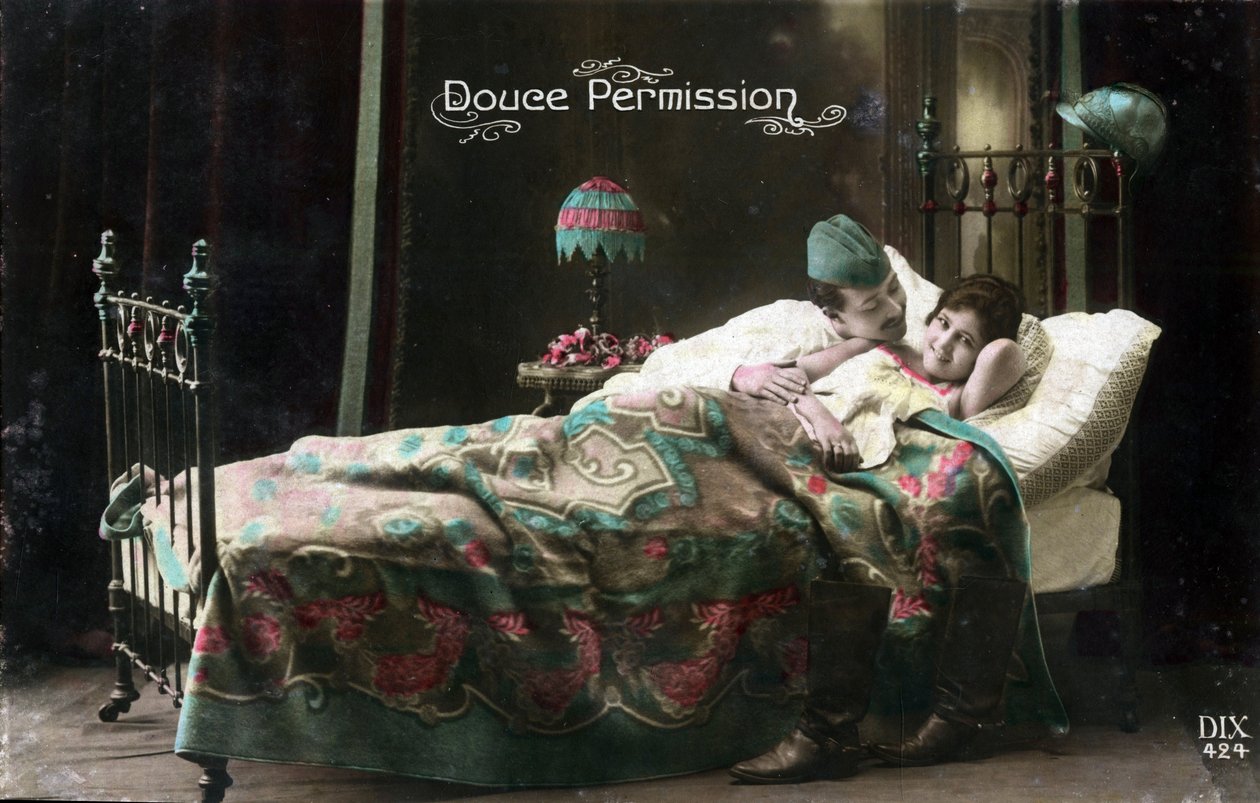 Sweet Permission: A French Soldier on Leave Finds His Beloved in Bed, Postcard of the First World War 1914-1918 by Unknown Artist